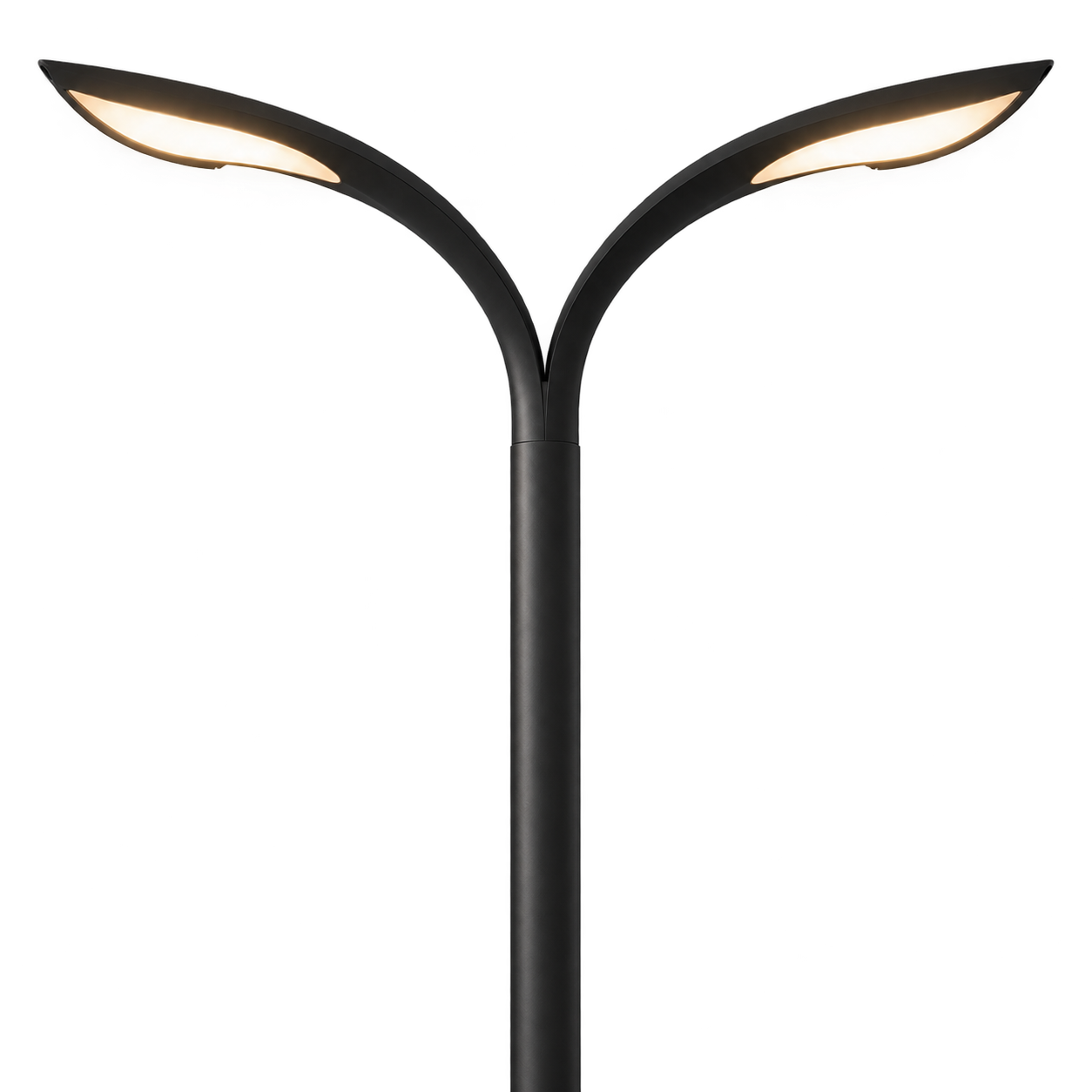 Product visualisation of the RP-05 double-arm road lighting pole with softly illuminated leaf-shaped heads.